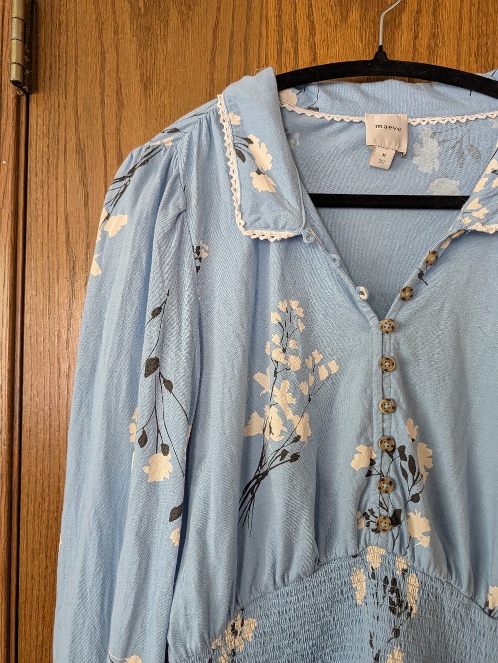 Maeve Light Blue Floral Button-Front Smocked Waist Blouse - Picture 4 of 5